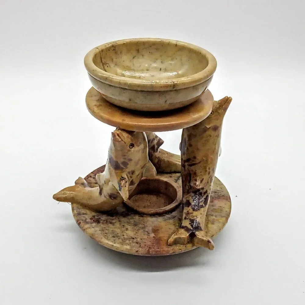 Three Stone Dolphins Carved Candle Incense Holder